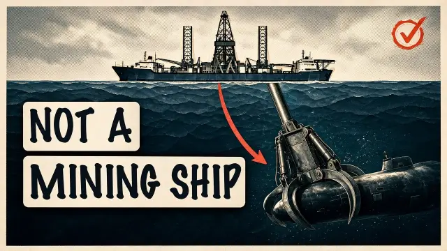Drawing of a ship lowering a giant claw onto a sunken submarine, captioned Not a Mining Ship